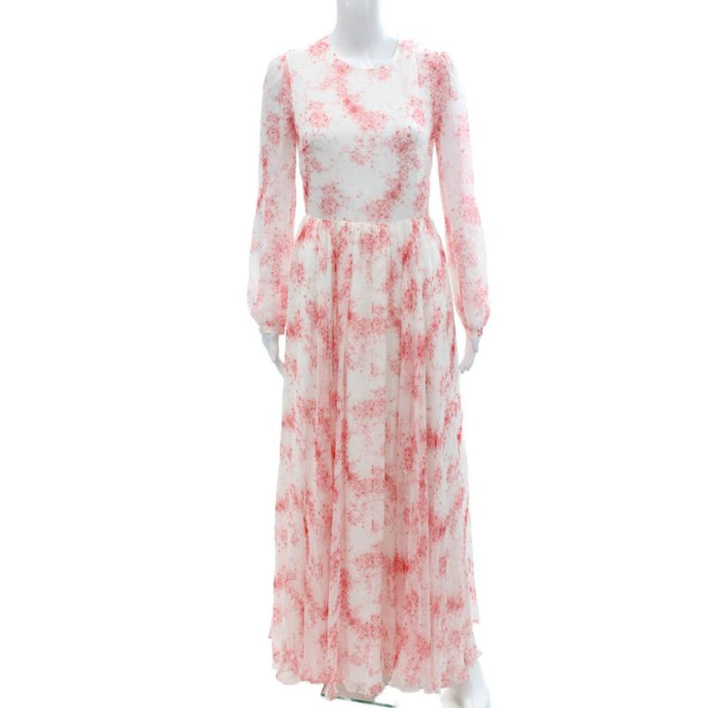 Valentino Womens Long Sleeve Crew Neck Floral Silk Dress White Pink Size 6